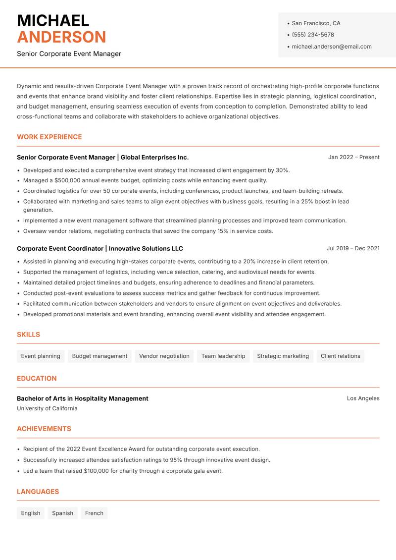 Corporate Event Manager resume template — Modern Professional