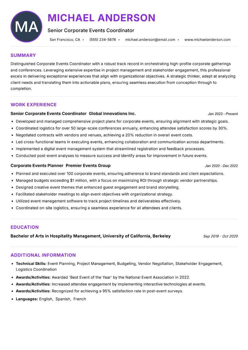Corporate Events Coordinator resume example — ATS-friendly template