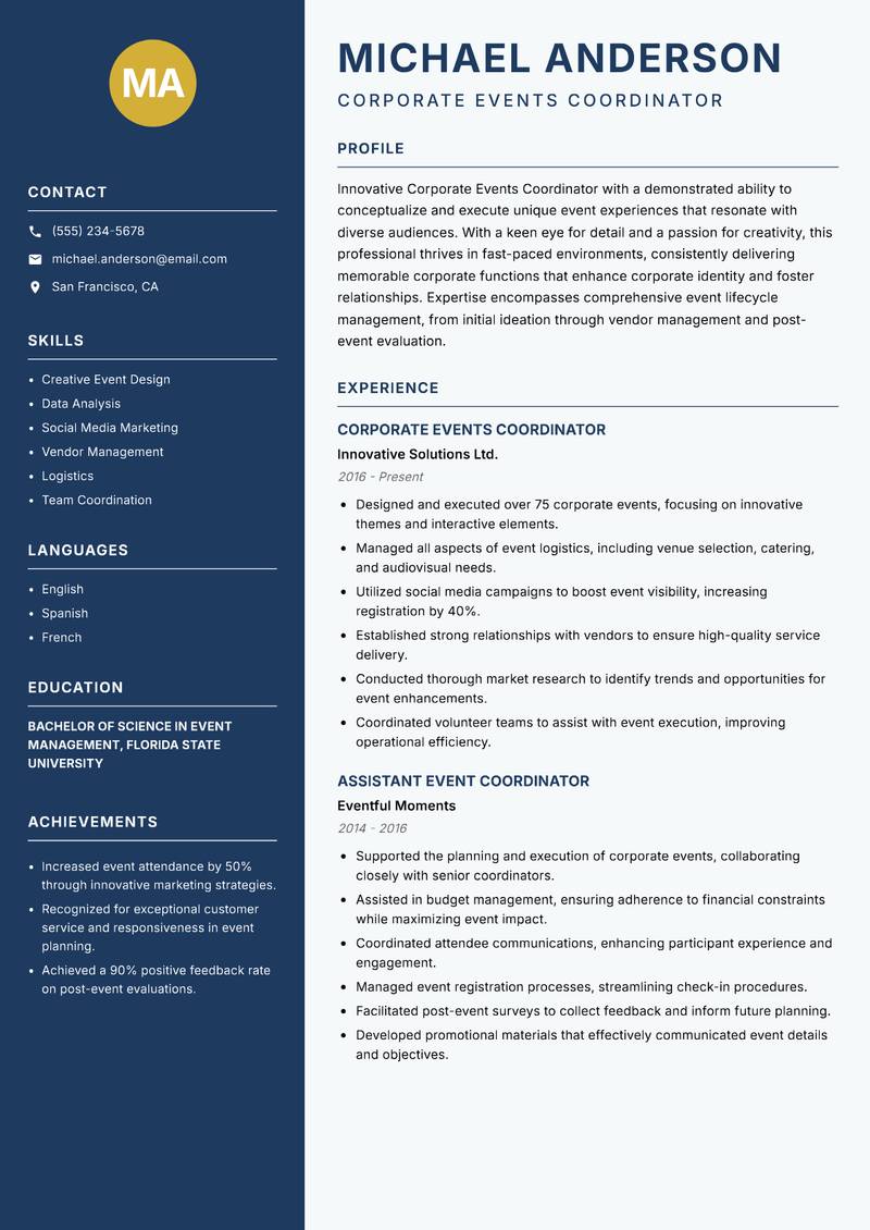 Corporate Events Coordinator resume template — Classic Clean