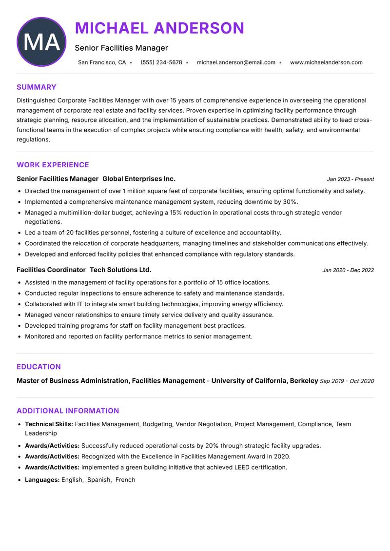Corporate Facilities Manager resume example — ATS-friendly template