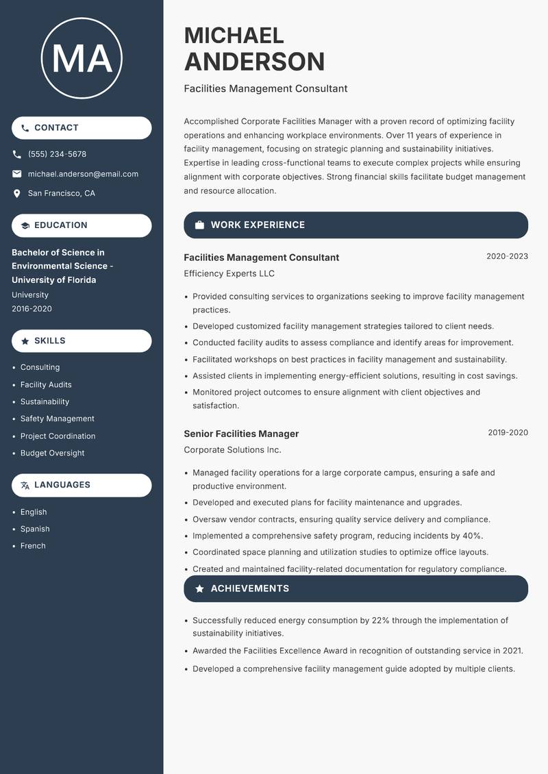 Corporate Facilities Manager resume template — Compact
