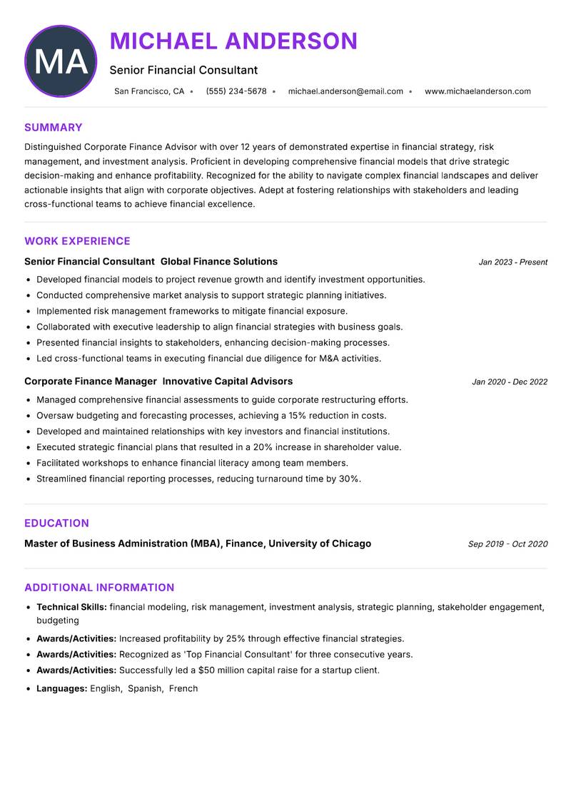 Corporate Finance Advisor resume example — ATS-friendly template