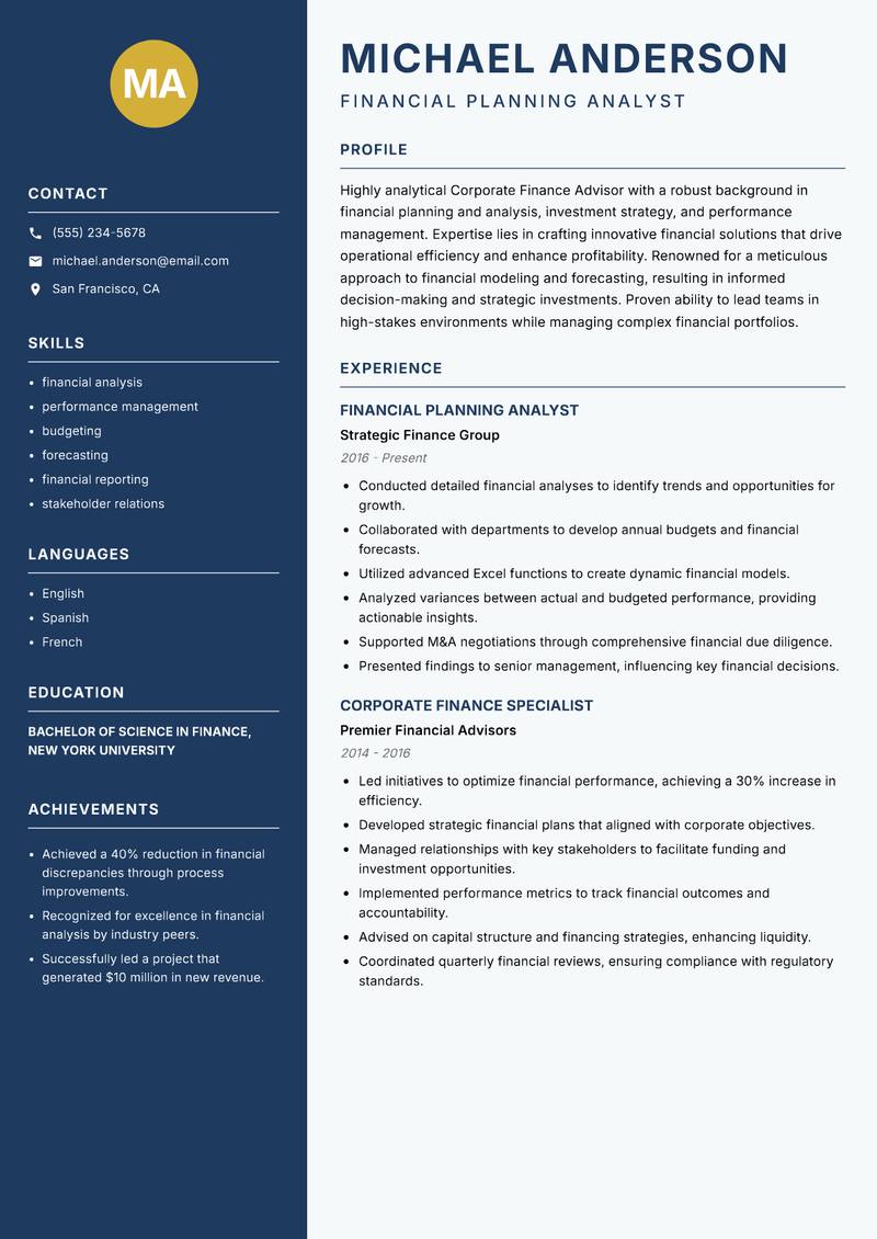 Corporate Finance Advisor resume template — Classic Clean