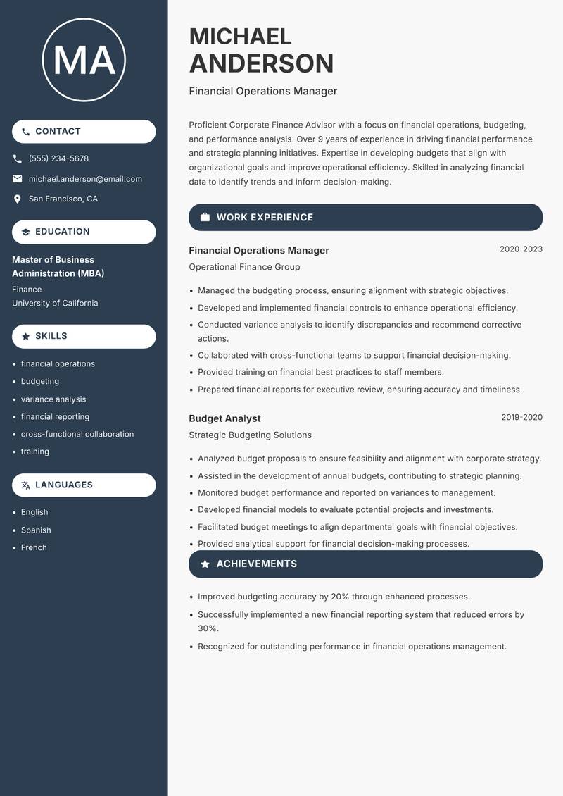Corporate Finance Advisor resume template — Compact