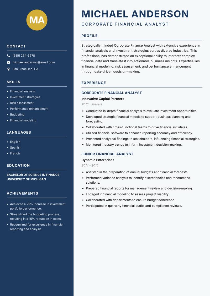 Corporate Finance Analyst resume template — Classic Clean