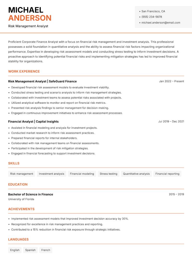 Corporate Finance Analyst resume template — Modern Professional