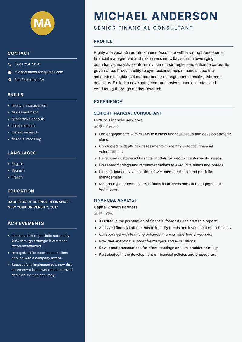 Corporate Finance Associate resume template — Classic Clean