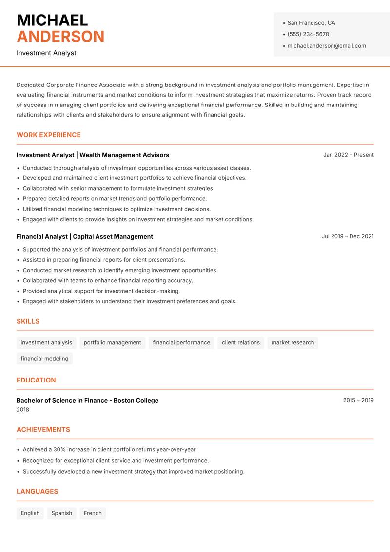 Corporate Finance Associate resume template — Modern Professional