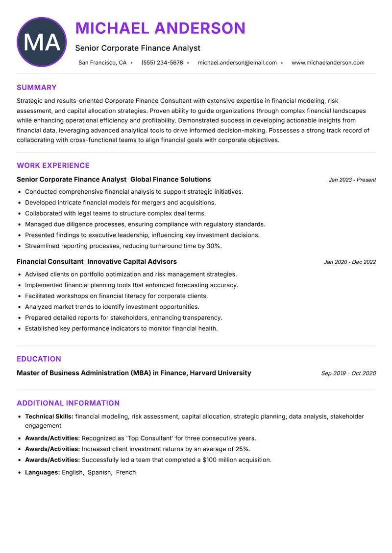 Corporate Finance Consultant resume example — ATS-friendly template