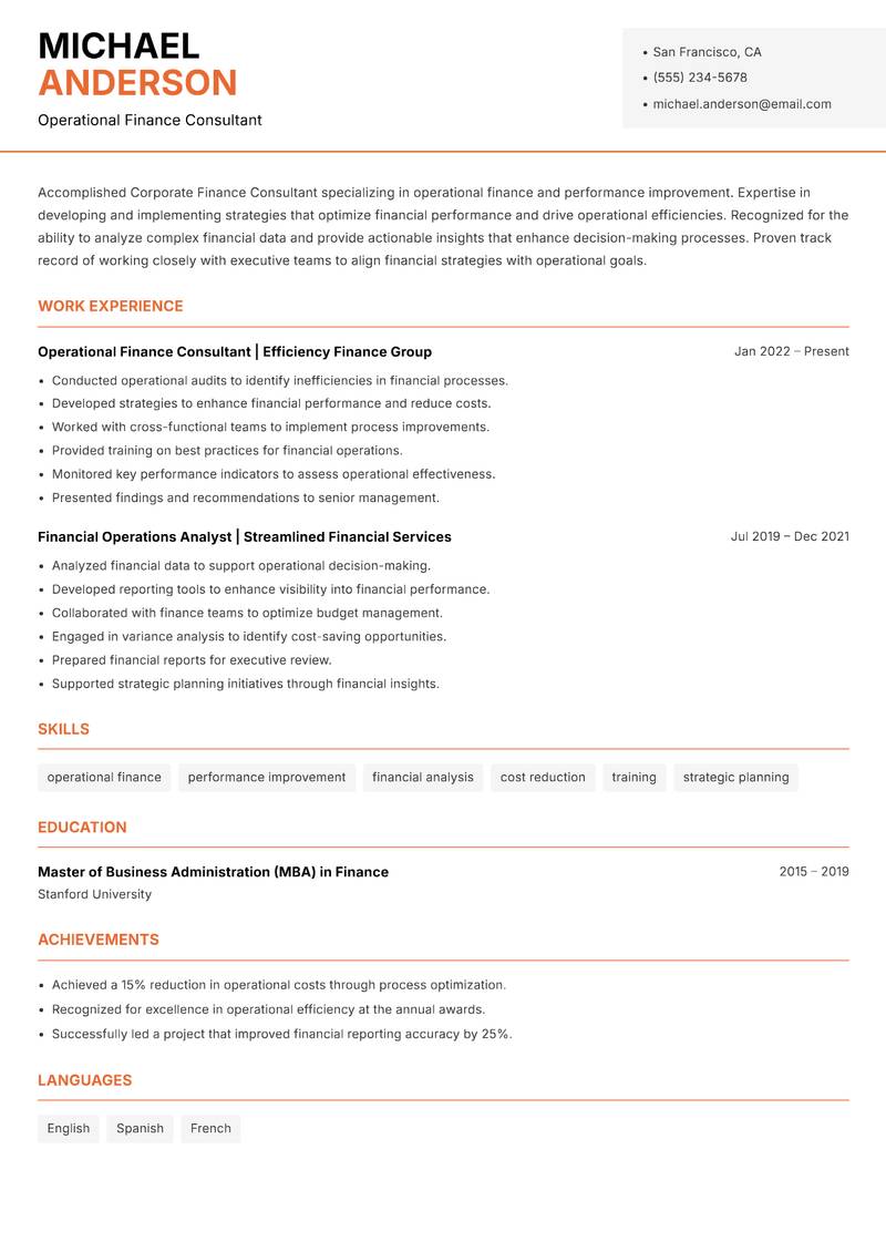 Corporate Finance Consultant resume template — Modern Professional