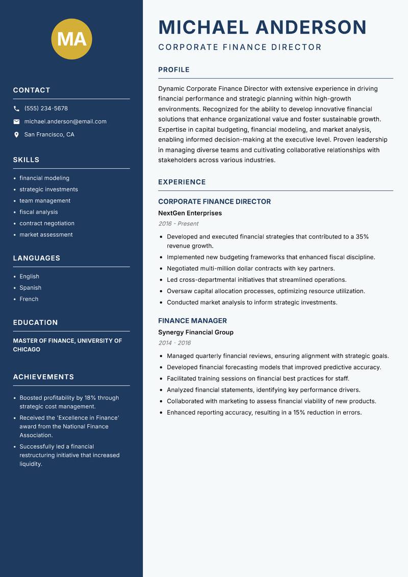 Corporate Finance Director resume template — Classic Clean
