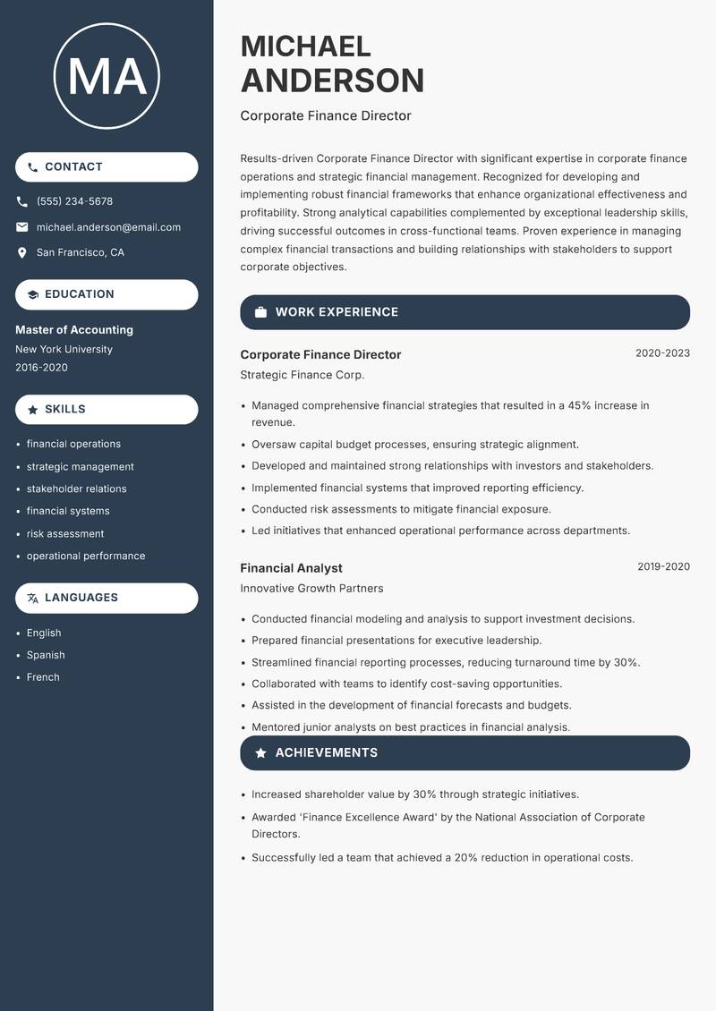 Corporate Finance Director resume template — Compact