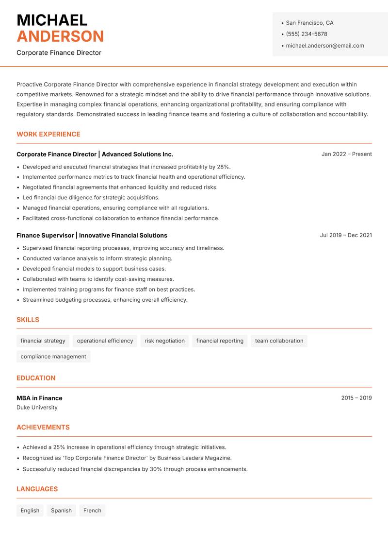 Corporate Finance Director resume template — Modern Professional