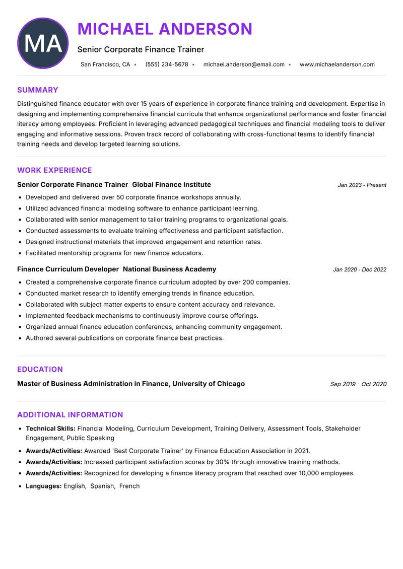 Corporate Finance Educator resume example — ATS-friendly template