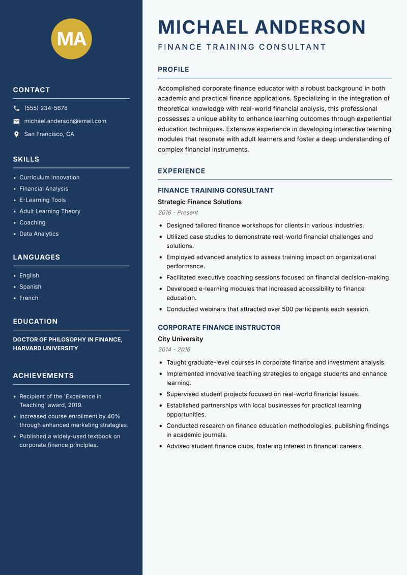 Corporate Finance Educator resume template — Classic Clean