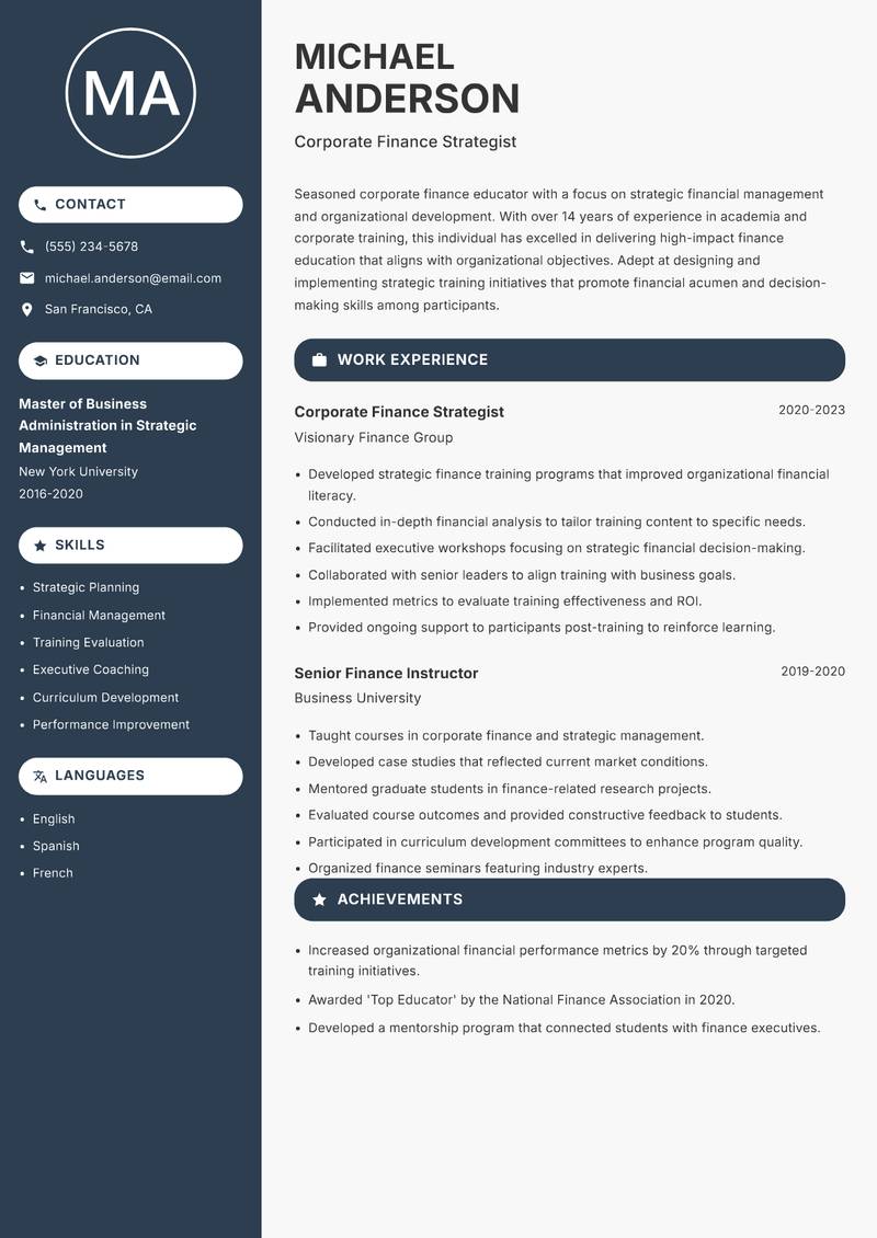 Corporate Finance Educator resume template — Compact