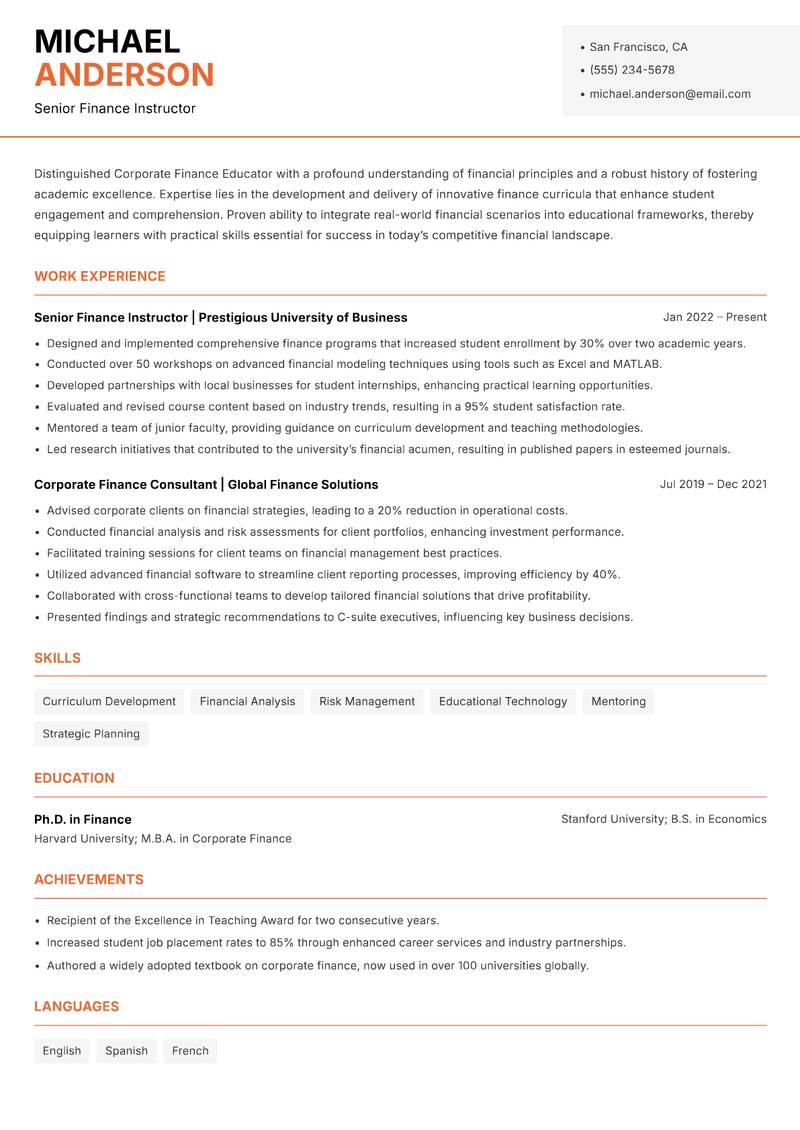 Corporate Finance Educator resume template — Modern Professional