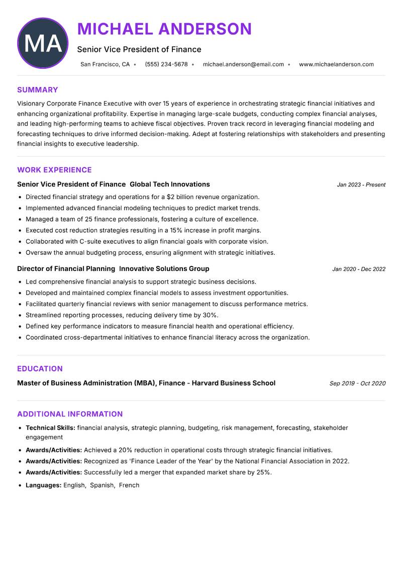 Corporate Finance Executive resume example — ATS-friendly template