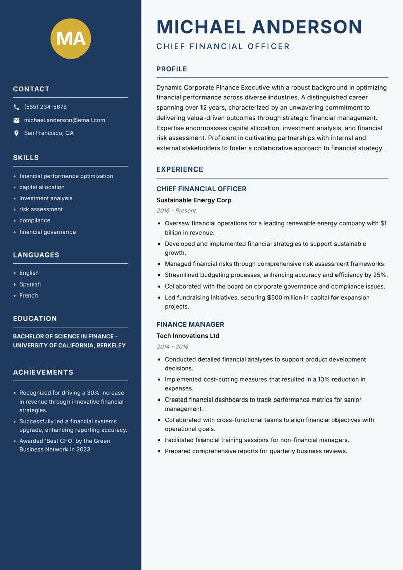 Corporate Finance Executive resume template — Classic Clean