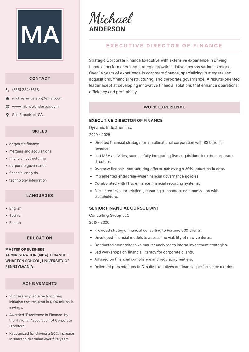 Corporate Finance Executive resume template — Executive