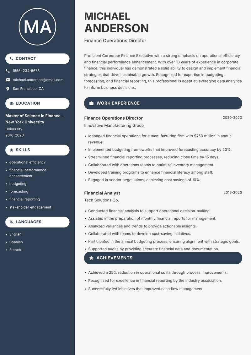 Corporate Finance Executive resume template — Compact