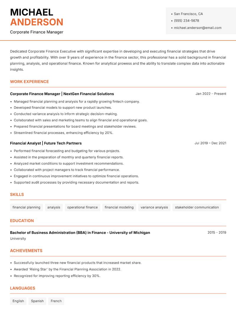 Corporate Finance Executive resume template — Modern Professional