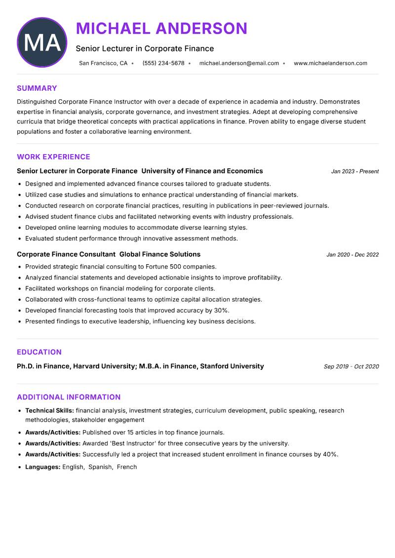 Corporate Finance Instructor resume example — ATS-friendly template