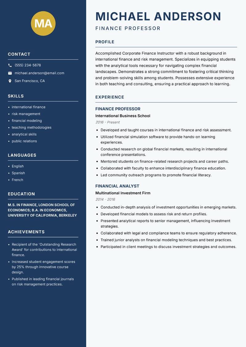 Corporate Finance Instructor resume template — Classic Clean