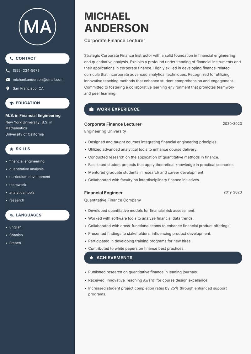Corporate Finance Instructor resume template — Compact