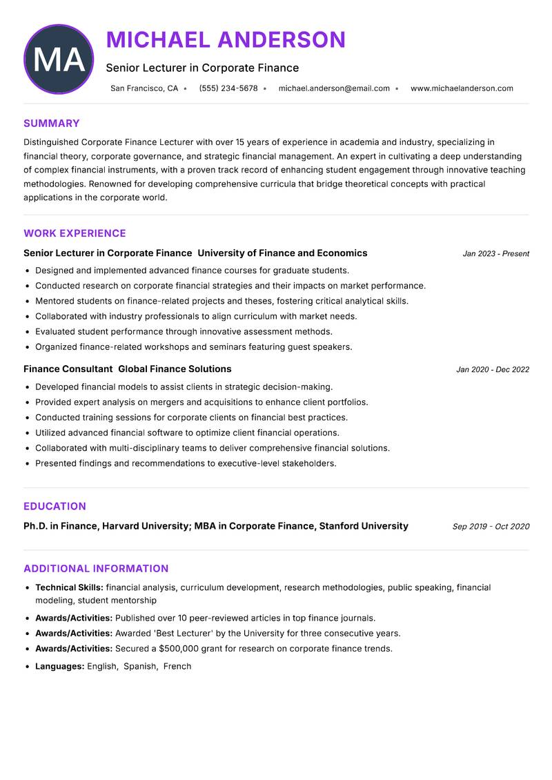 Corporate Finance Lecturer resume example — ATS-friendly template