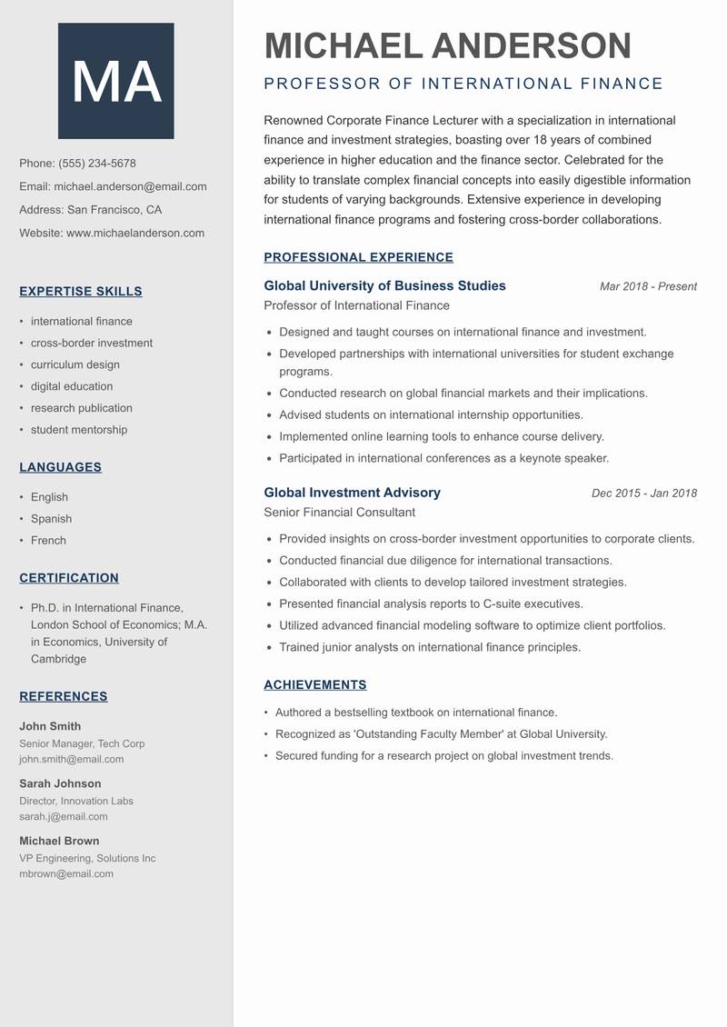 Corporate Finance Lecturer resume template — Creative Minimal