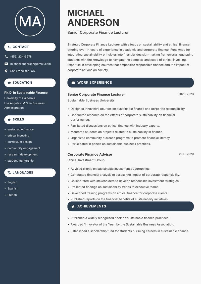 Corporate Finance Lecturer resume template — Compact
