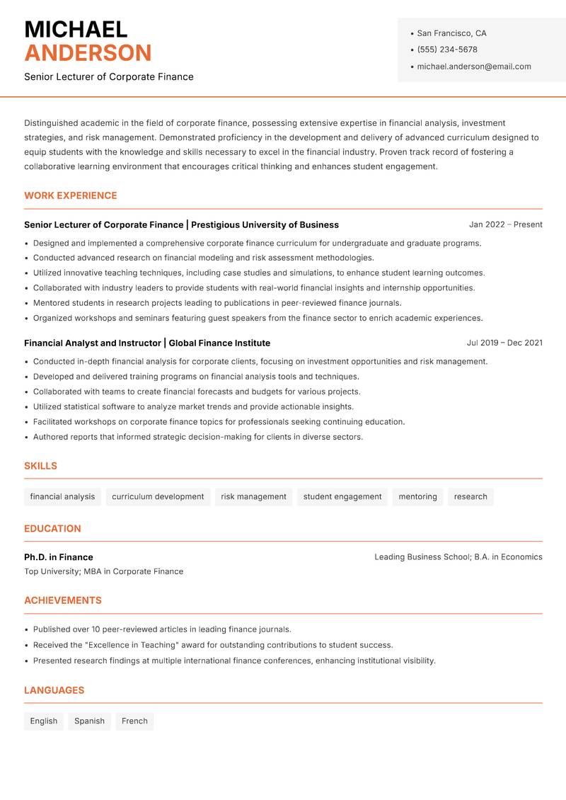 Corporate Finance Lecturer resume template — Modern Professional