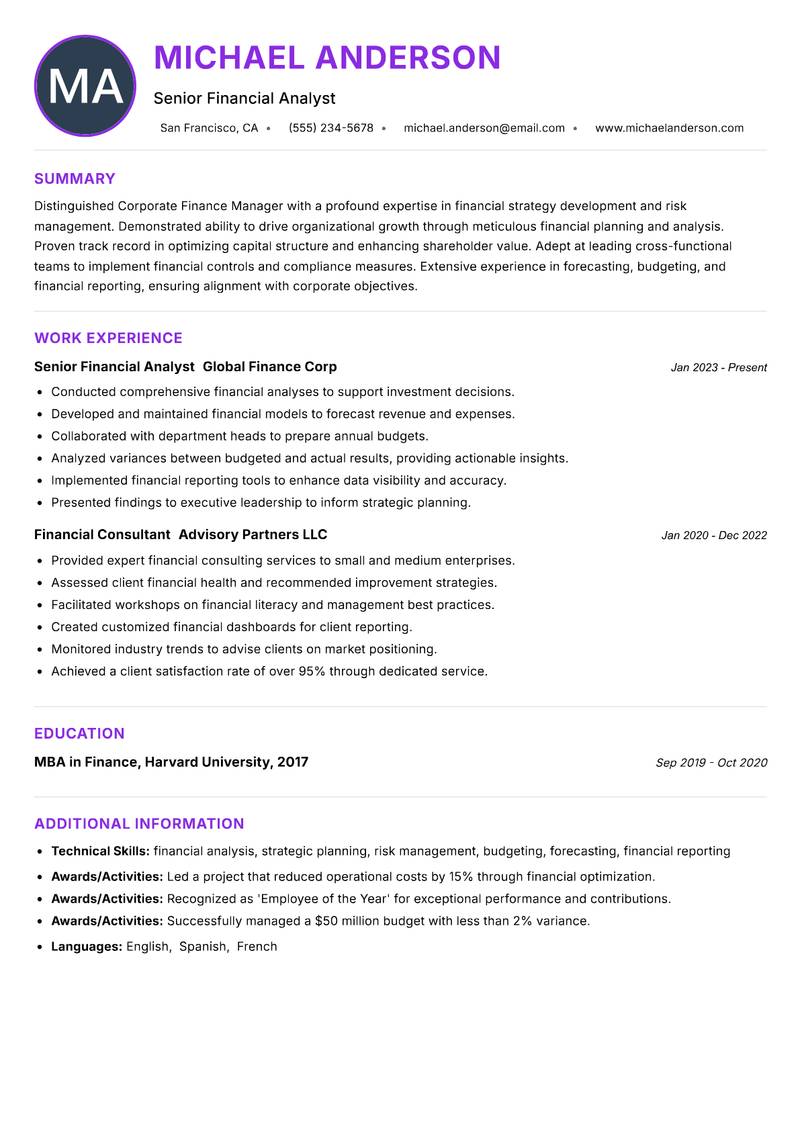 Corporate Finance Manager resume example — ATS-friendly template
