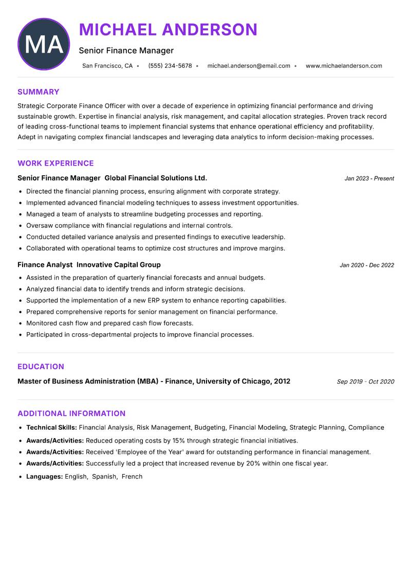 Corporate Finance Officer resume example — ATS-friendly template