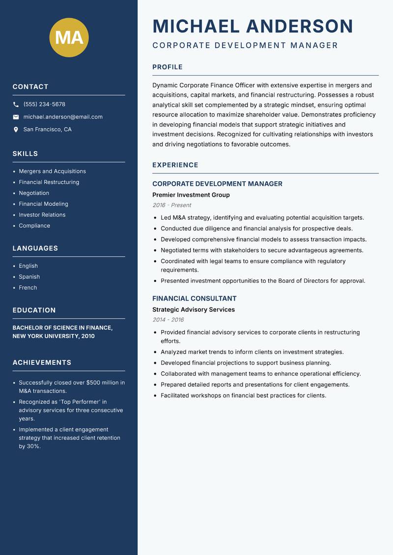Corporate Finance Officer resume template — Classic Clean