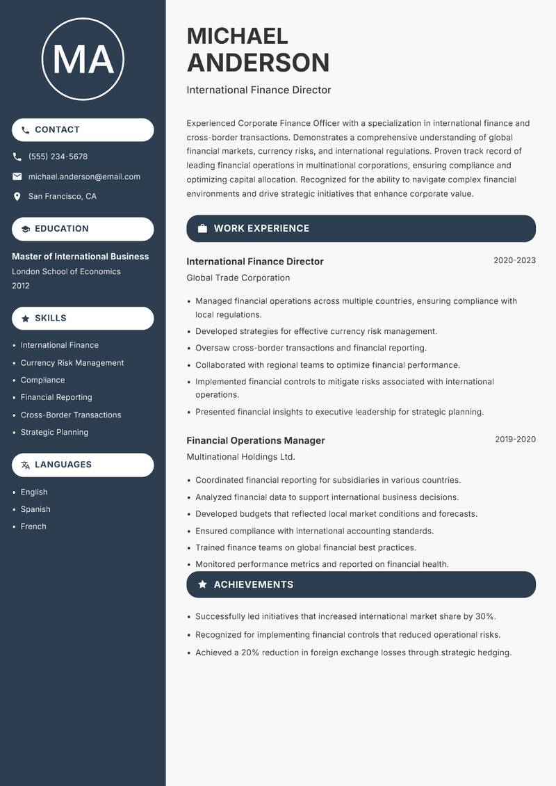 Corporate Finance Officer resume template — Compact