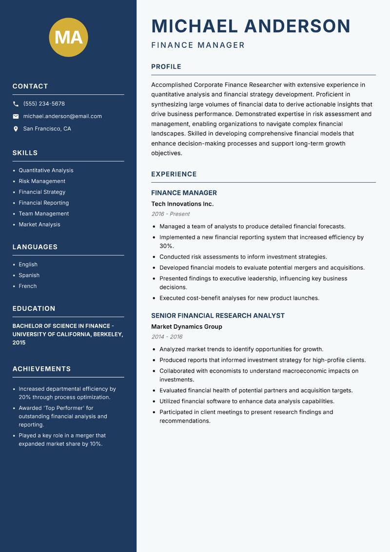 Corporate Finance Researcher resume template — Classic Clean