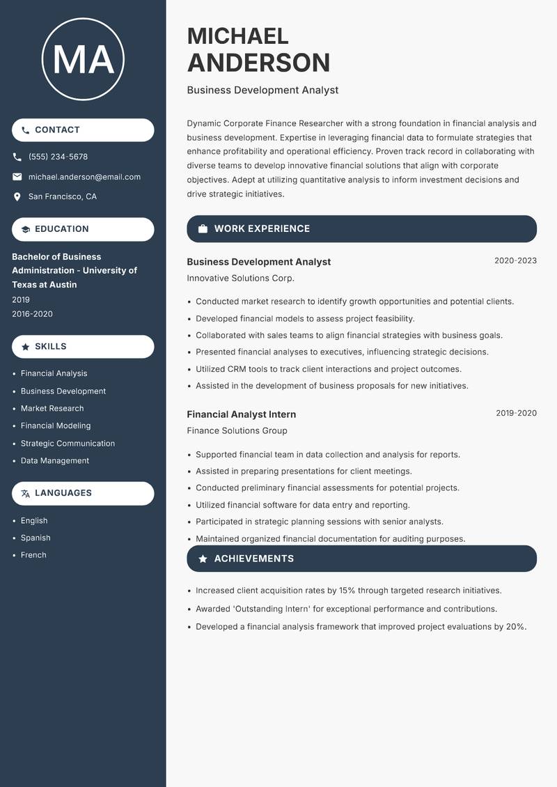 Corporate Finance Researcher resume template — Compact