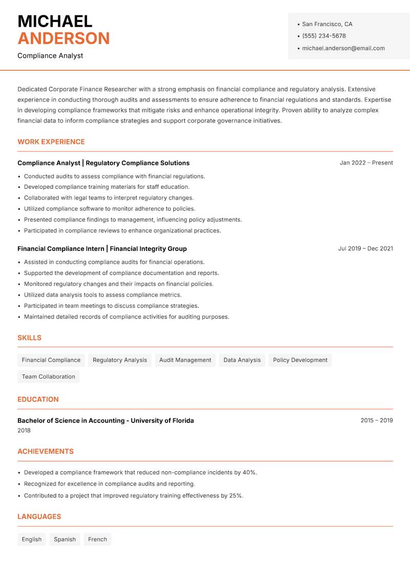 Corporate Finance Researcher resume template — Modern Professional