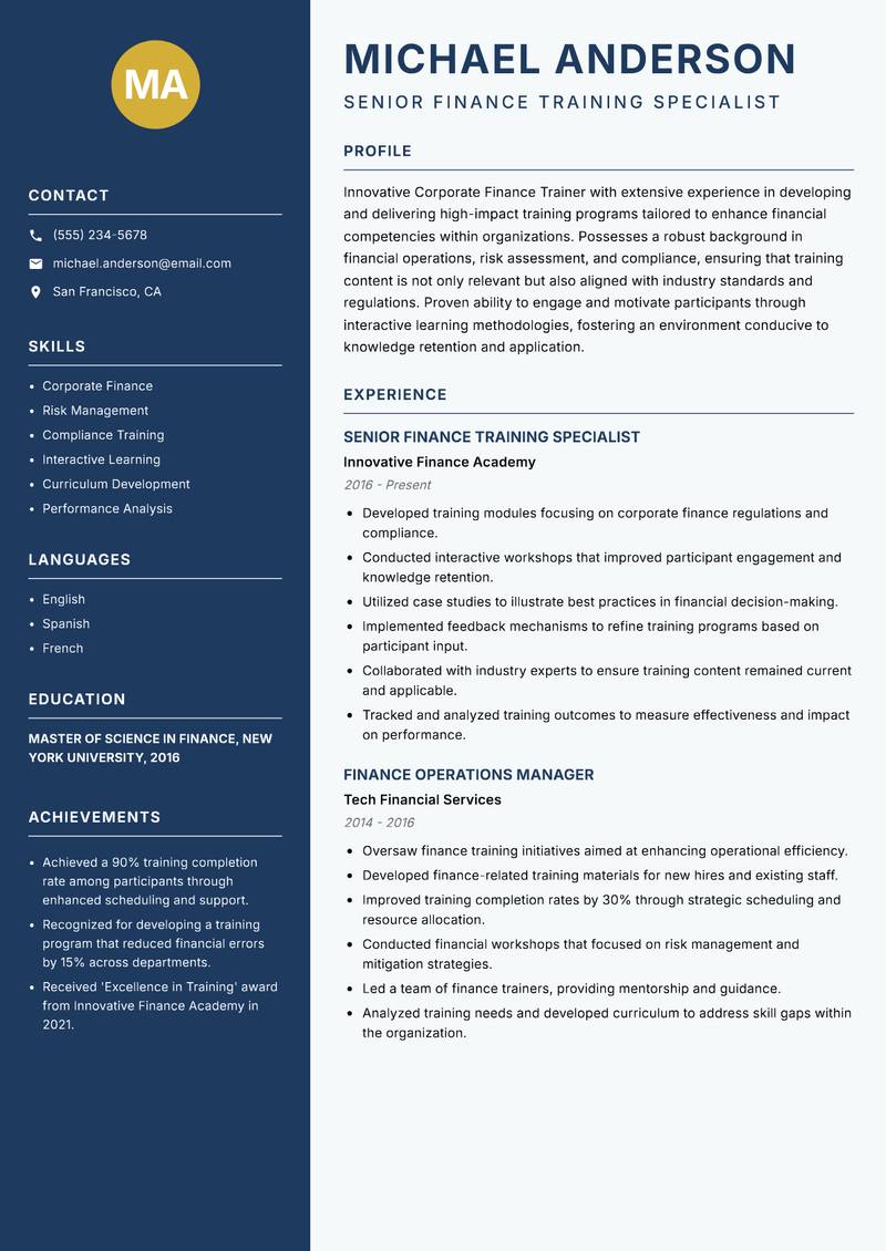 Corporate Finance Trainer resume template — Classic Clean
