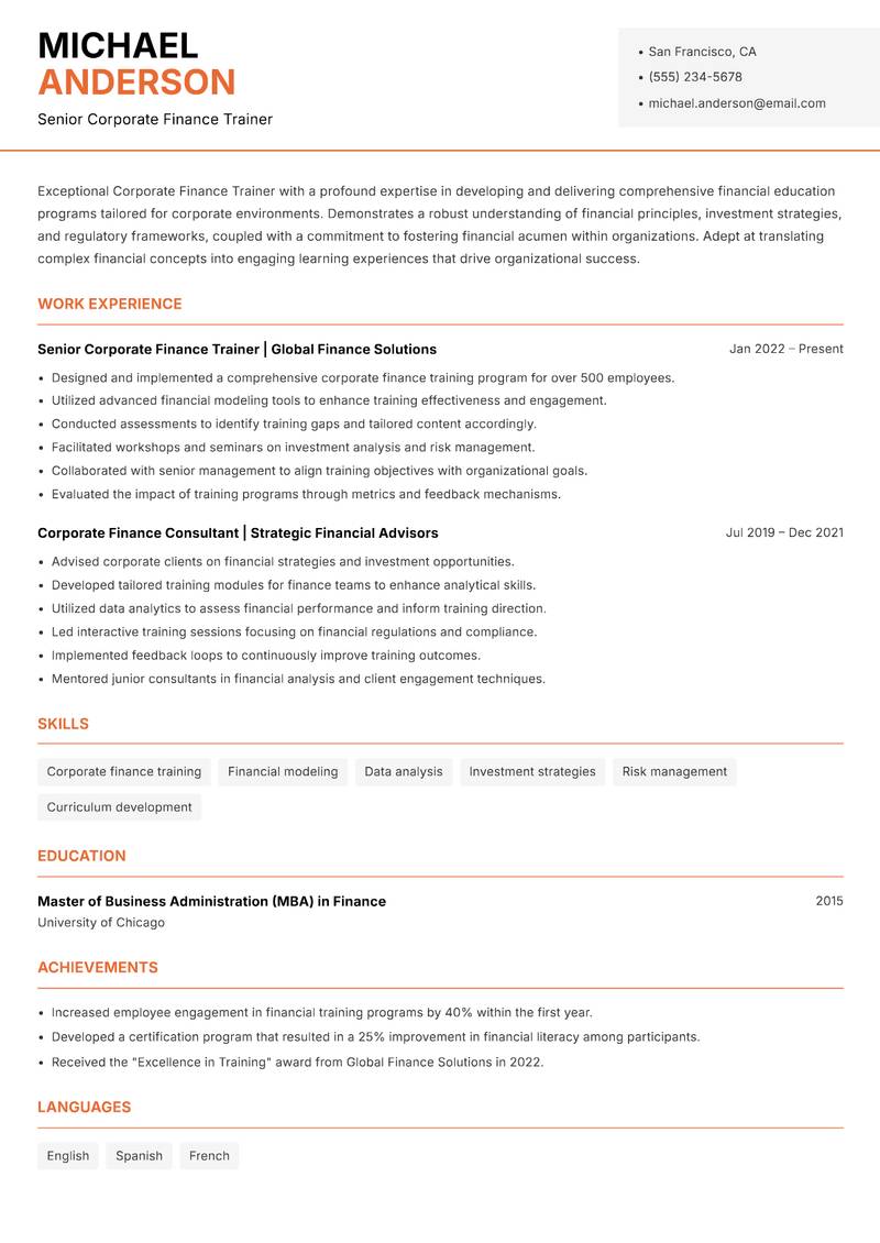 Corporate Finance Trainer resume template — Modern Professional