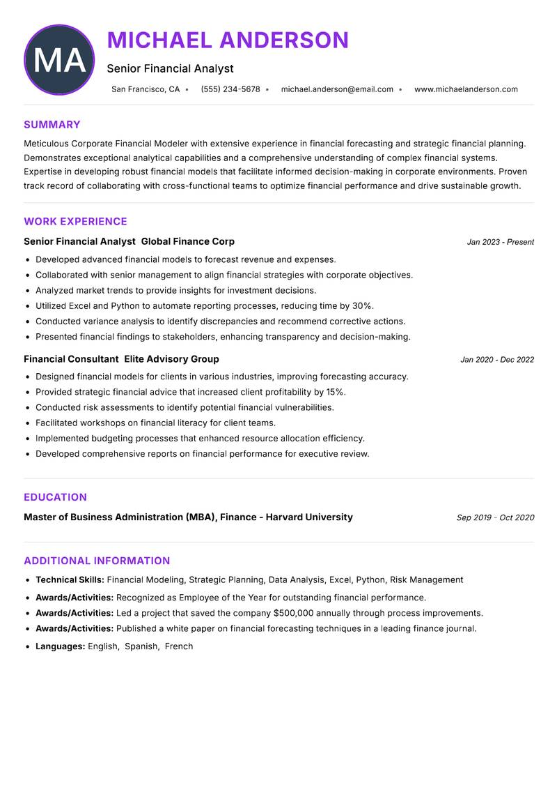 Corporate Financial Modeler resume example — ATS-friendly template