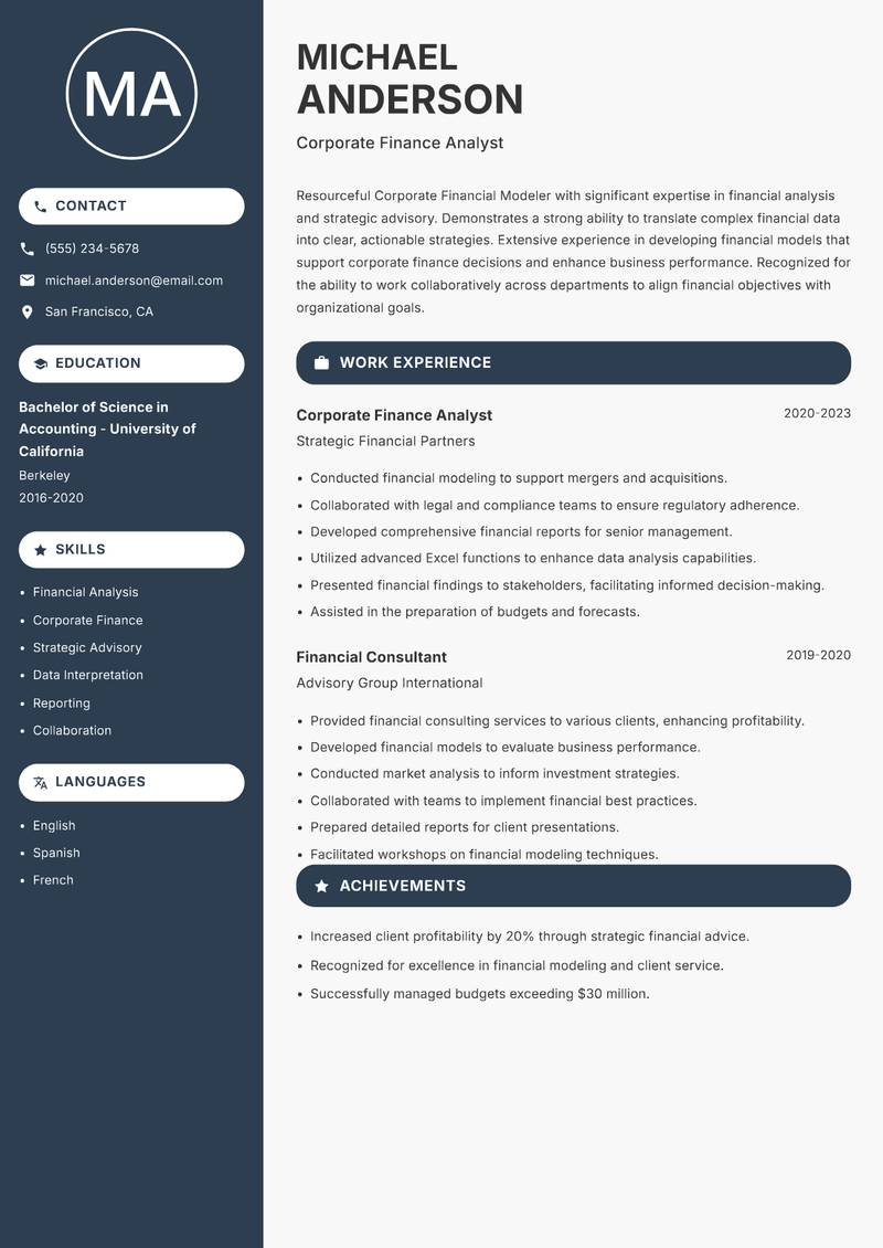 Corporate Financial Modeler resume template — Compact