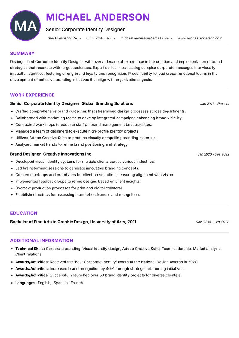 Corporate Identity Designer resume example — ATS-friendly template