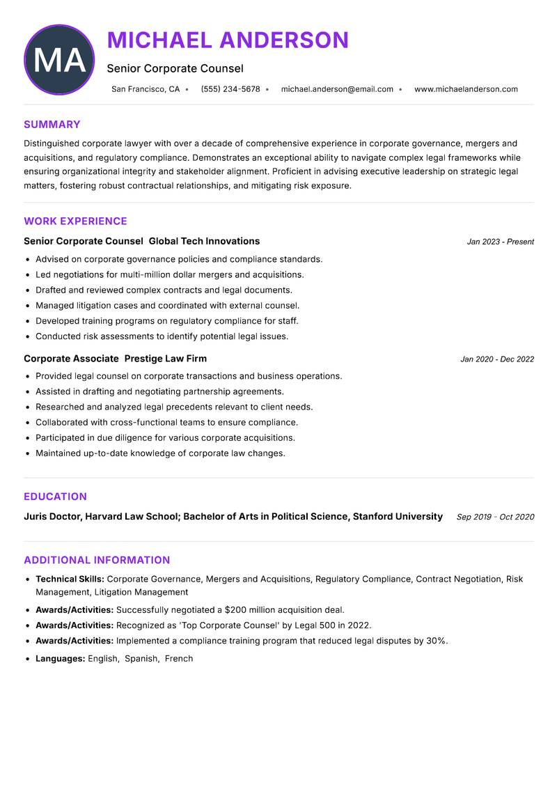 Corporate Lawyer resume example — ATS-friendly template