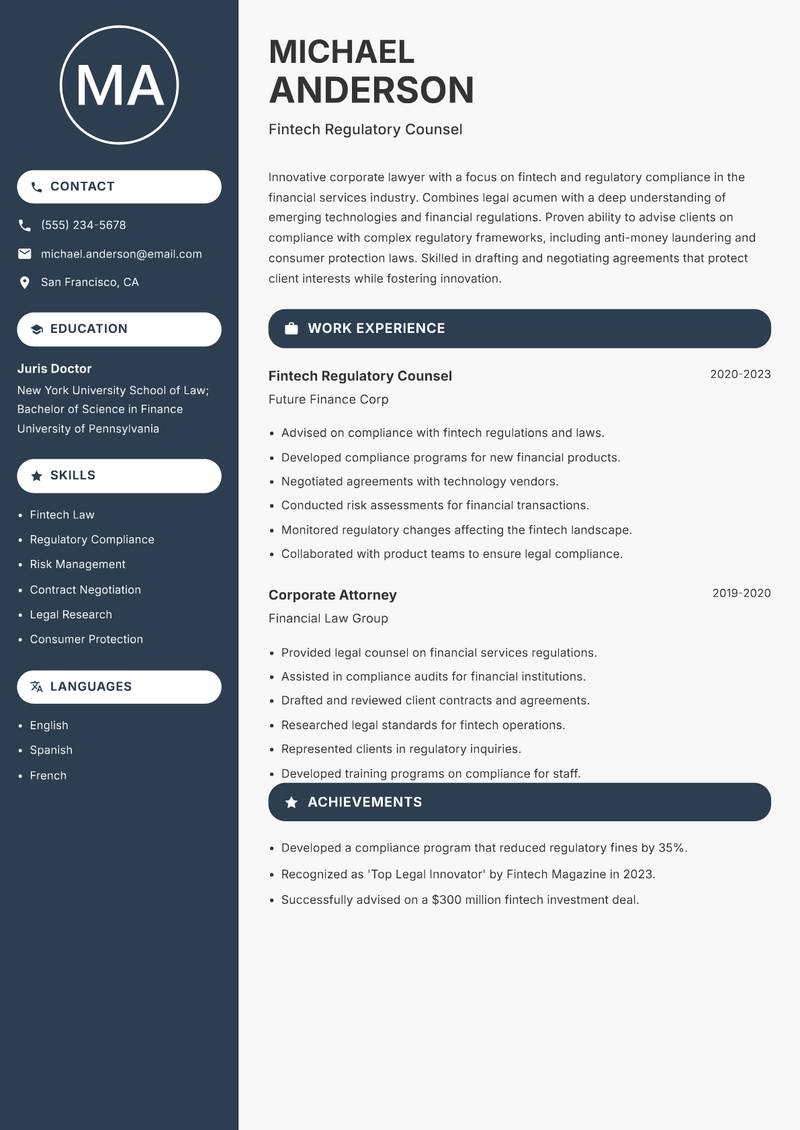 Corporate Lawyer resume template — Compact
