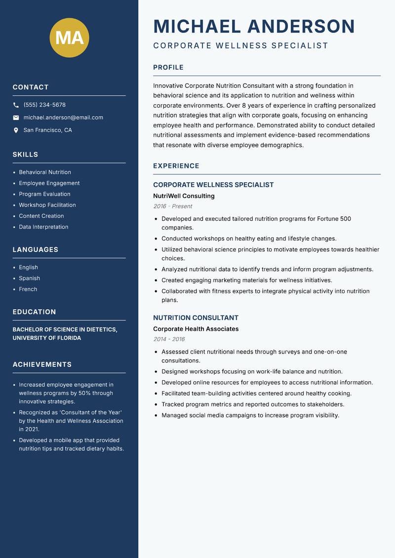 Corporate Nutrition Consultant resume template — Classic Clean