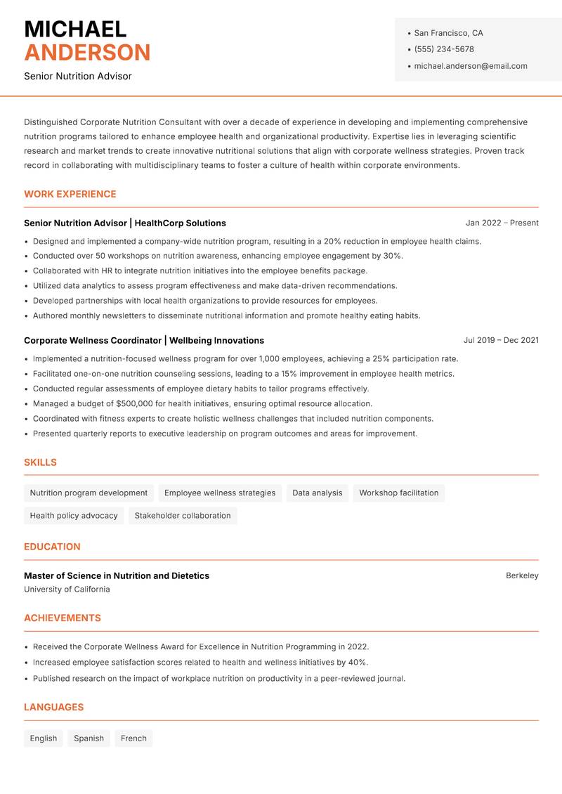 Corporate Nutrition Consultant resume template — Modern Professional