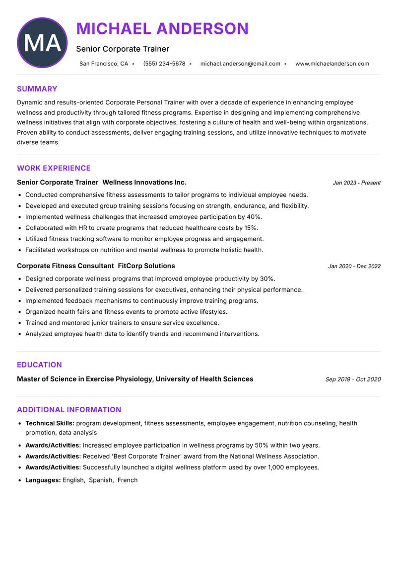Corporate Personal Trainer resume example — ATS-friendly template